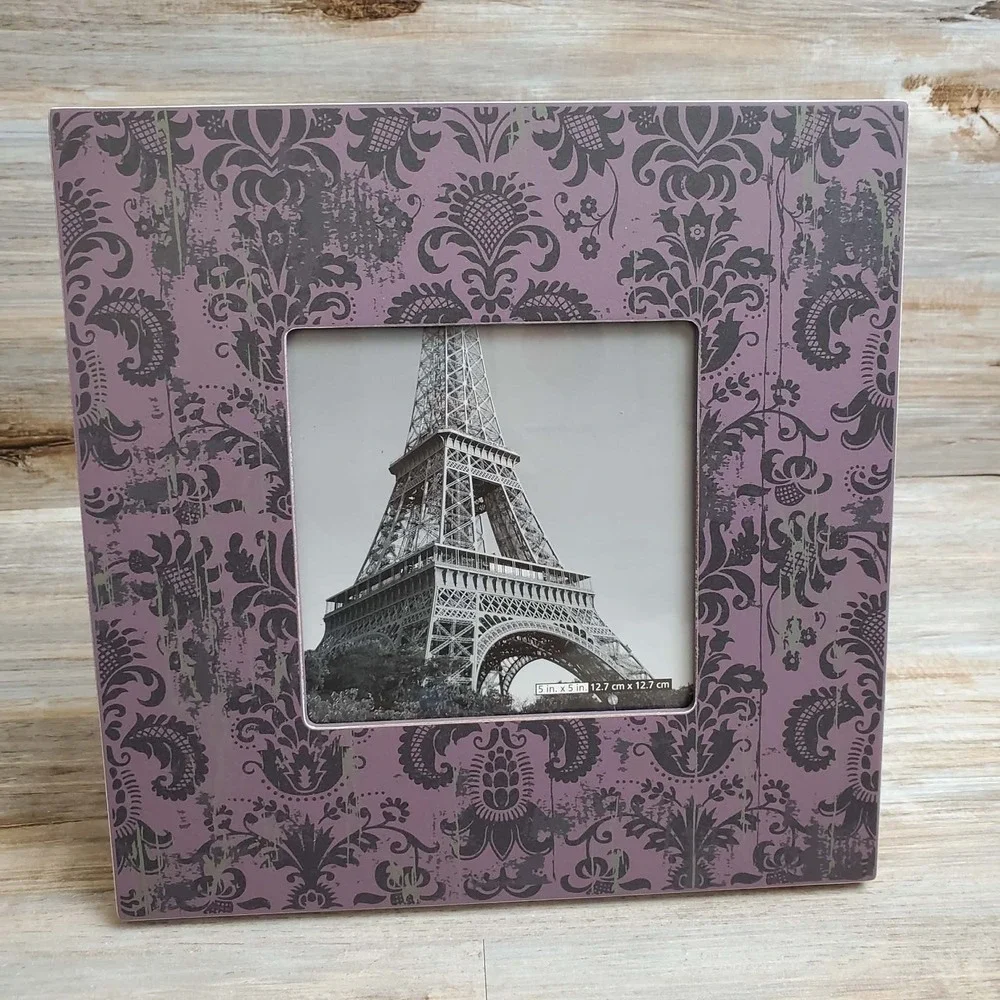 Schurman Purple Damask 5x5 Picture Frame Distressed Scroll Tabletop Decor